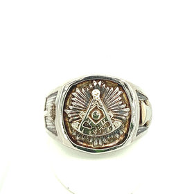 45116 STERLING SILVER ROUNDED TOP GOLD MASON SYMBOL MENS RING