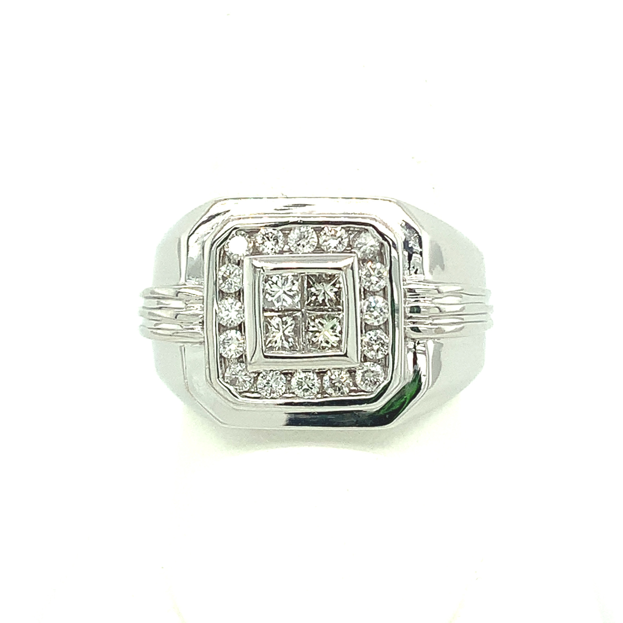 457636 14K WHITE GOLD INVISIBLE CENTER CUSHION SHAPE HALO 1CT MENS DIAMOND RING