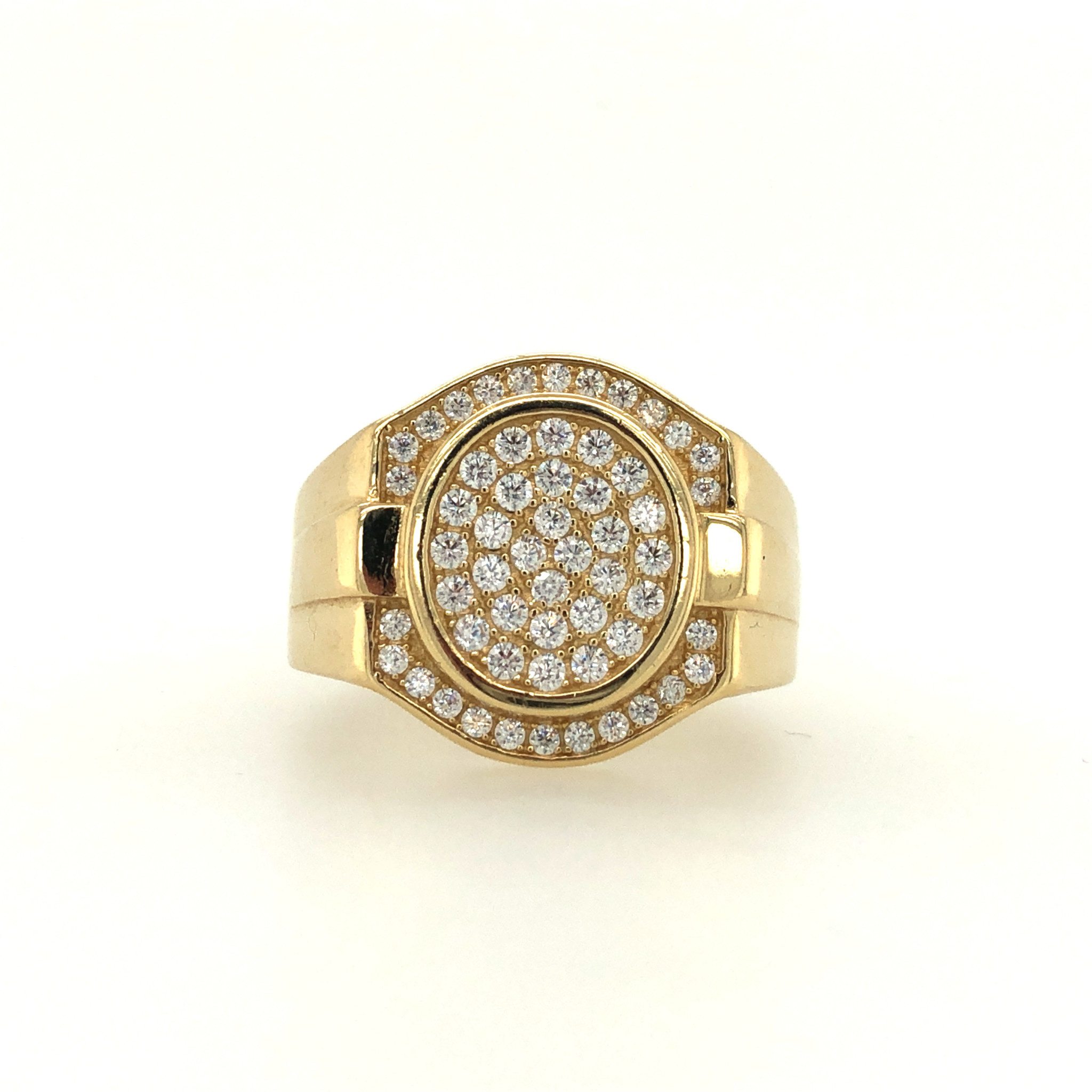 45002 14K YELLOW GOLD OVAL DESING HALF HALO ZIRCON PAVE SET MENS RING