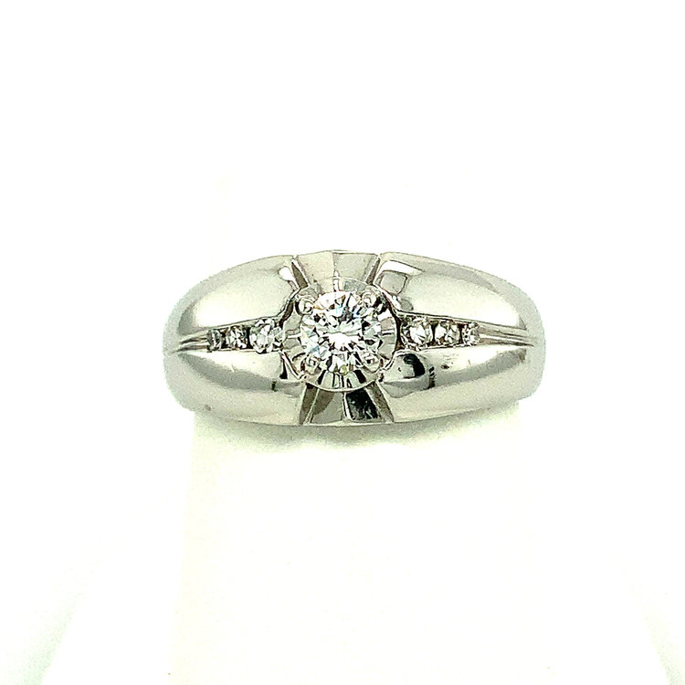 45125 14K WHITE GOLD .30TCW H VS2 CENTER .12TCW CHANNEL SET STAR BURST STYLE MENS RING
