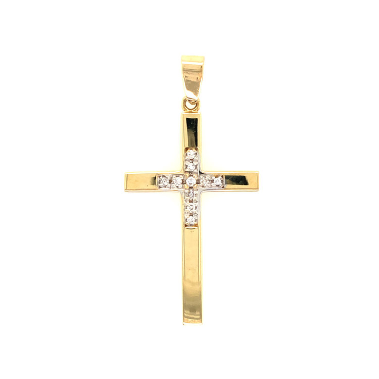 77039 14K YELLOW GOLD HIGH POLISHED CROSS WITH WHITE GOLD .10ct DIAMOND CENTER CROSS