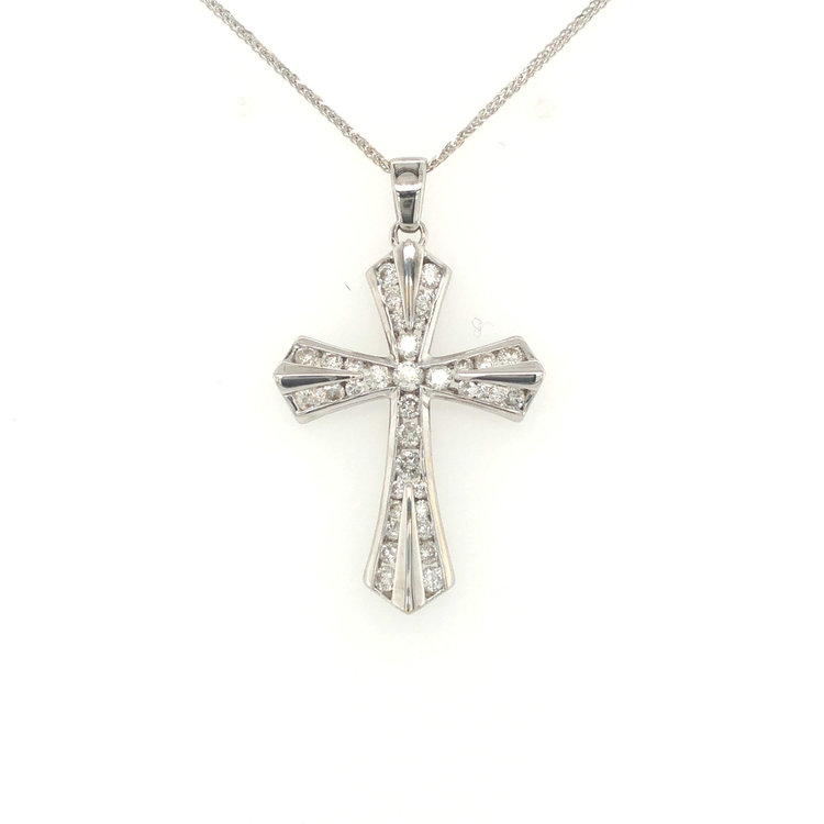 72852 14K WHITE GOLD .75 CT DIAMOND WITH SPLIT HIGH POLISH ON 18" WHEAT CHAIN CROSS PENDANT