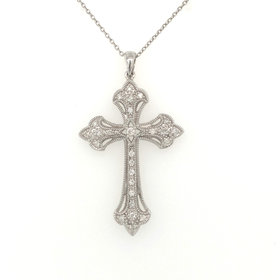 70913 14K WHITE GOLD 1.5'' .25TCW DIAMOND ANTIQUE MILGRAIN FLORAL DESIGN EDGE CROSS SET
