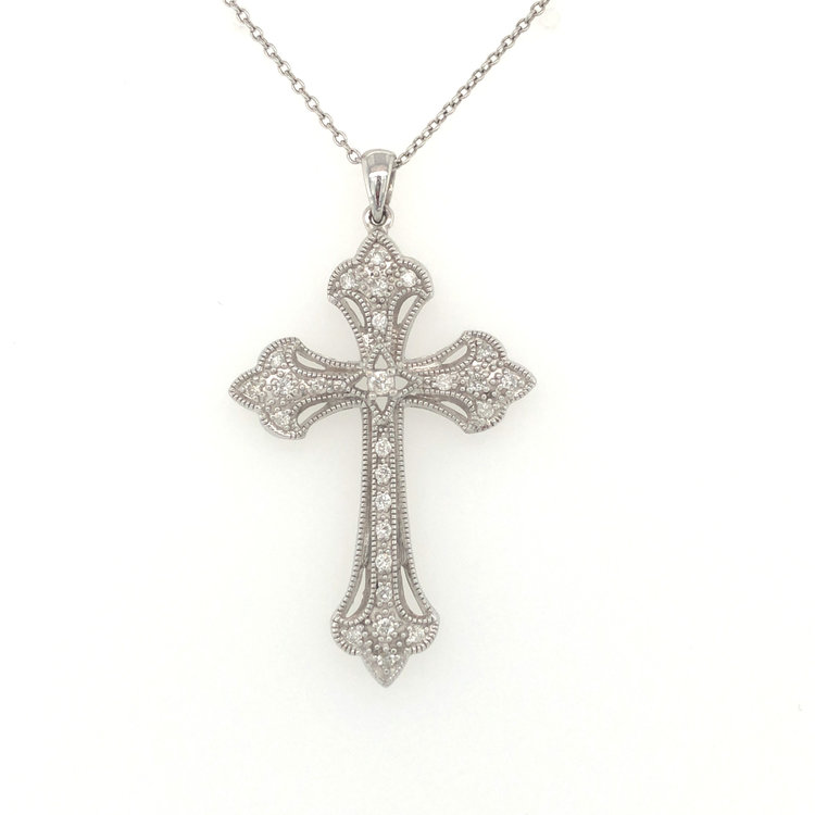 70913 14K WHITE GOLD 1.5'' .25TCW DIAMOND ANTIQUE MILGRAIN FLORAL DESIGN EDGE CROSS SET
