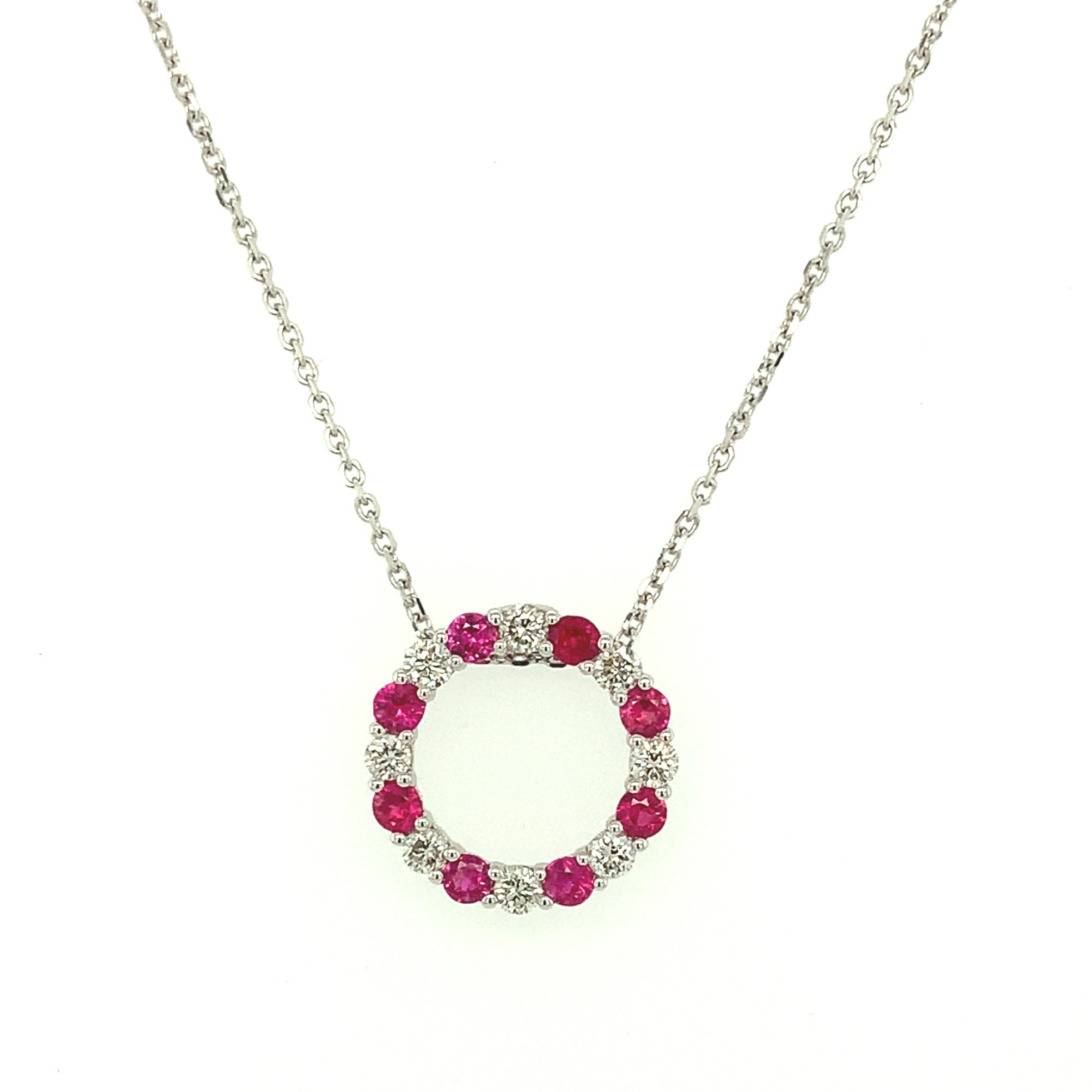 70074 14K WHITE GOLD .36TCW DIAMOND AND .52TCW RUBY OPEN CIRCLE PENDANT SET