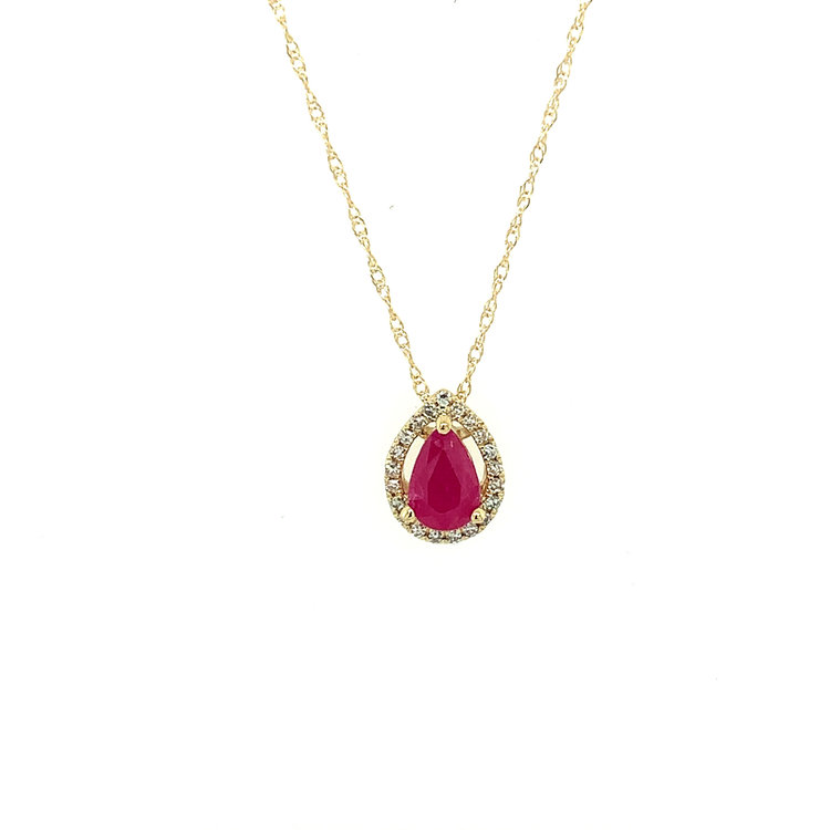 70004 Pear shape Ruby with diamond halo set in yellow gold