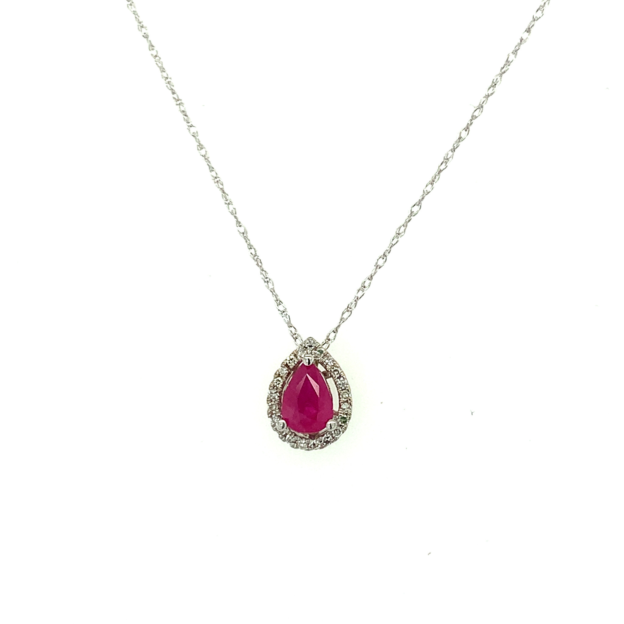 70003 14K WHITE GOLD PEAR SHAPE RUBY WITH DIAMOND HALO PENDANT SET