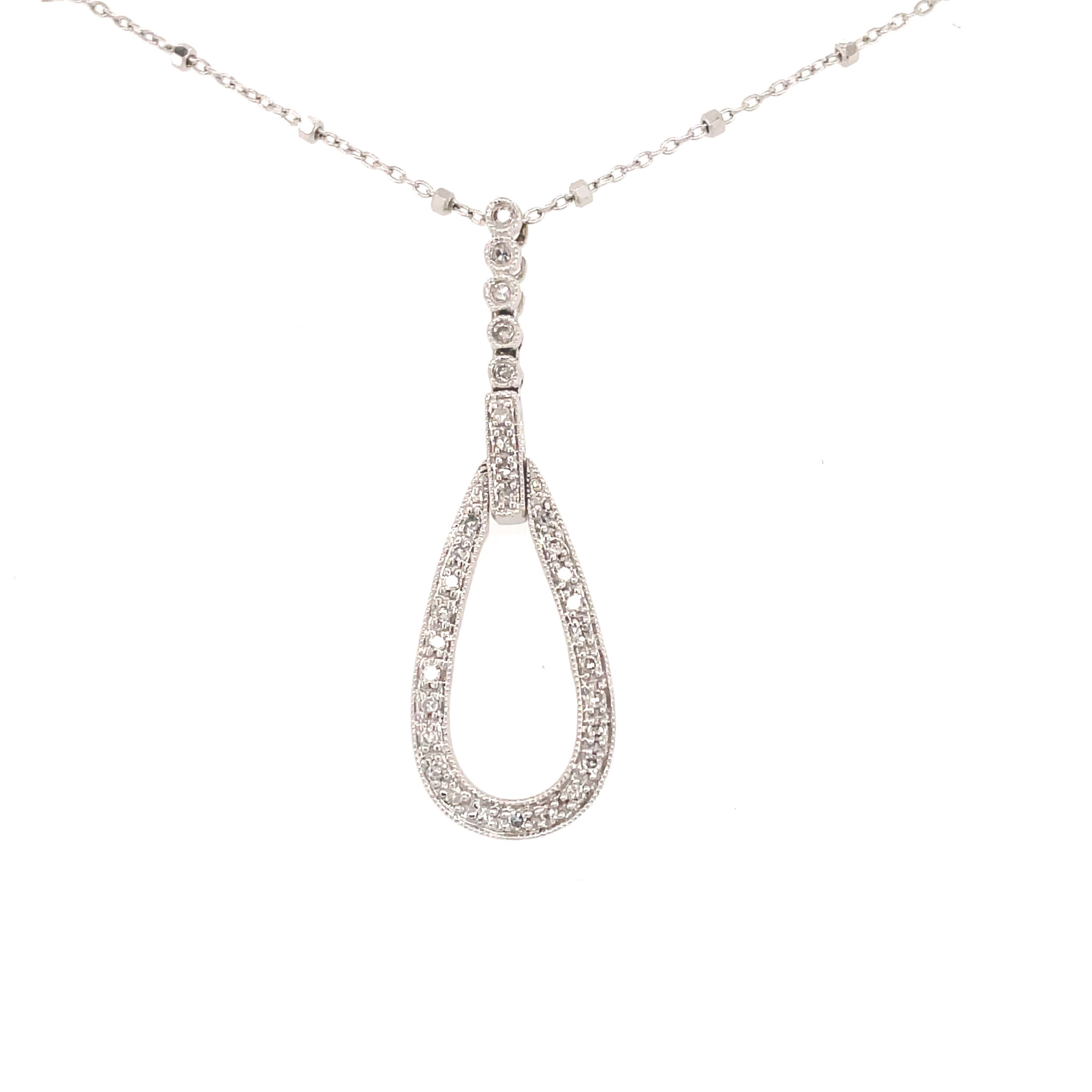 71060 14K WHITE GOLD .20TCW DIAMOND PAVE SET MILGRAIN OPEN PEAR SHAPE DROP PENDANT SET