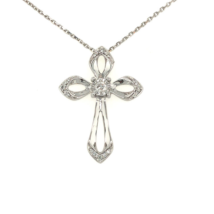 70031 14K WHITE GOLD MIRACLE SET .08TCW DIAMOND CENTER OPEN DESIGN POINTED EDGES CROSS SET