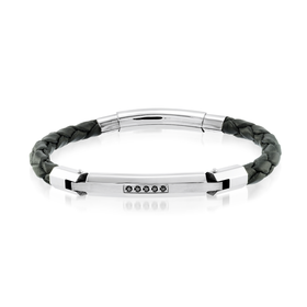 ITALGEM ITALGEM STAINLESS STEEL BRAIDED LEATHER AND BAR BLACK CUBIC ZIRCONIA BRACELET