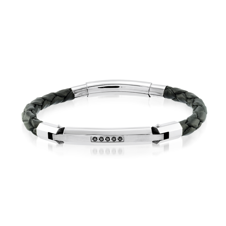 ITALGEM ITALGEM STAINLESS STEEL BRAIDED LEATHER AND BAR BLACK CUBIC ZIRCONIA BRACELET
