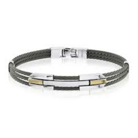 ITALGEM STAINLESS STEEL BLACK CABLE TRIPLE ROW 2 TONE BAR BANGLE BRACELET