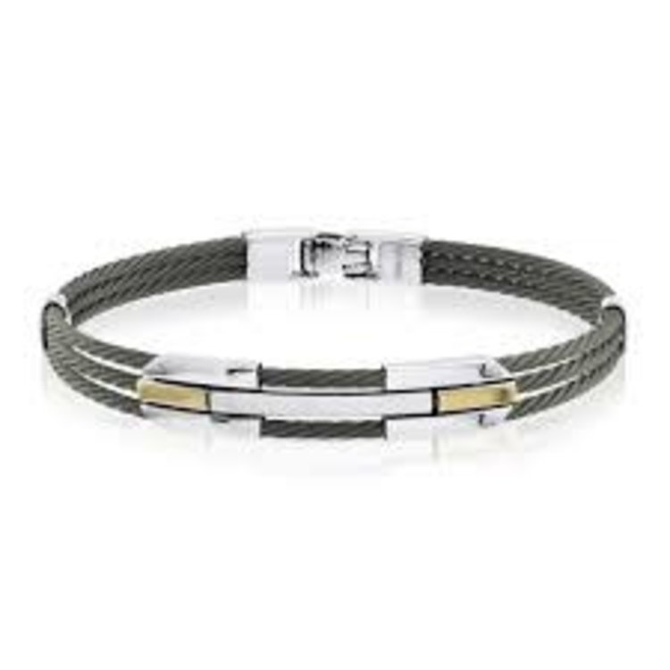 ITALGEM STAINLESS STEEL BLACK CABLE TRIPLE ROW 2 TONE BAR BANGLE BRACELET
