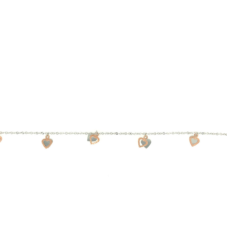 27505 14K WHITE GOLD AND ROSE GOLD 2 TONE DOUBLE DANGLING HEART DISC ANKLET