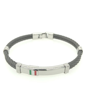 ITALGEM STAINLESS STEEL DOUBLE BLACK CABLE AND ID BAR WITH ITALIAN FLAG BANGLE BRACELET