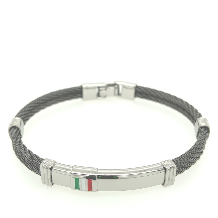 ITALGEM STAINLESS STEEL DOUBLE BLACK CABLE AND ID BAR WITH ITALIAN FLAG BANGLE BRACELET