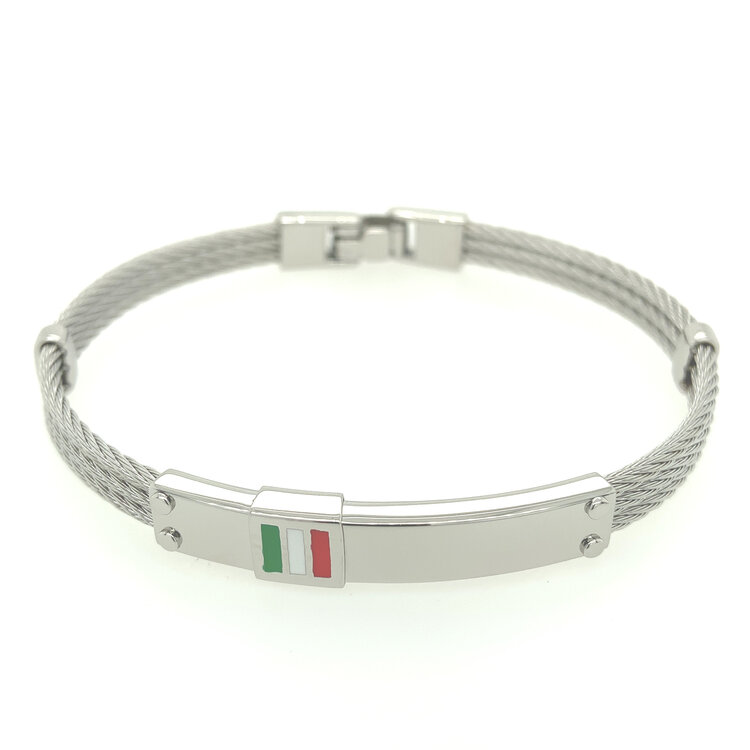 ITALGEM STAINLESS STEEL TRIPLE ROW CABLE WITH ID PLATE ITALIAN FLAG BANGLE BRACELET