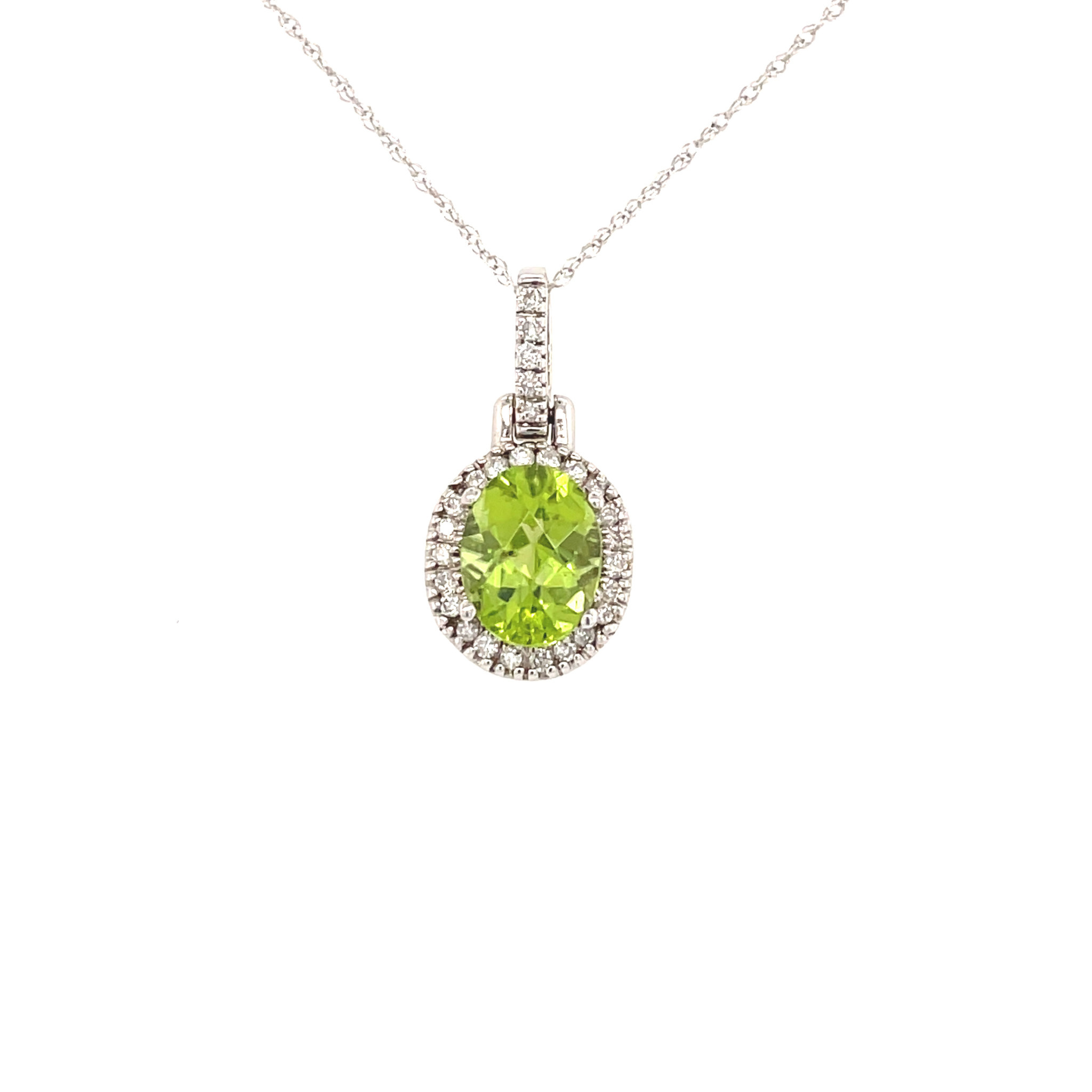 72302 14K WHITE GOLD .25TCW DIAMOND HALO OVAL PERIDOT PENDANT SET