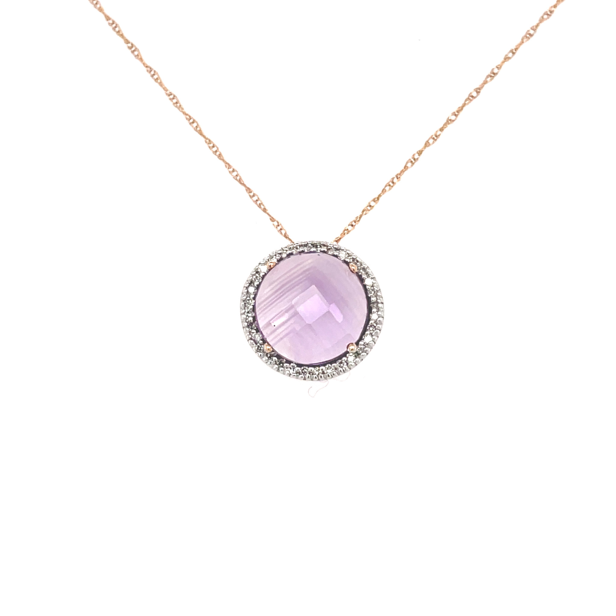 72803 14K ROSE GOLD .20TCW DIAMOND ROUND HALO LAVENDER AMETHYST PENDANT SET