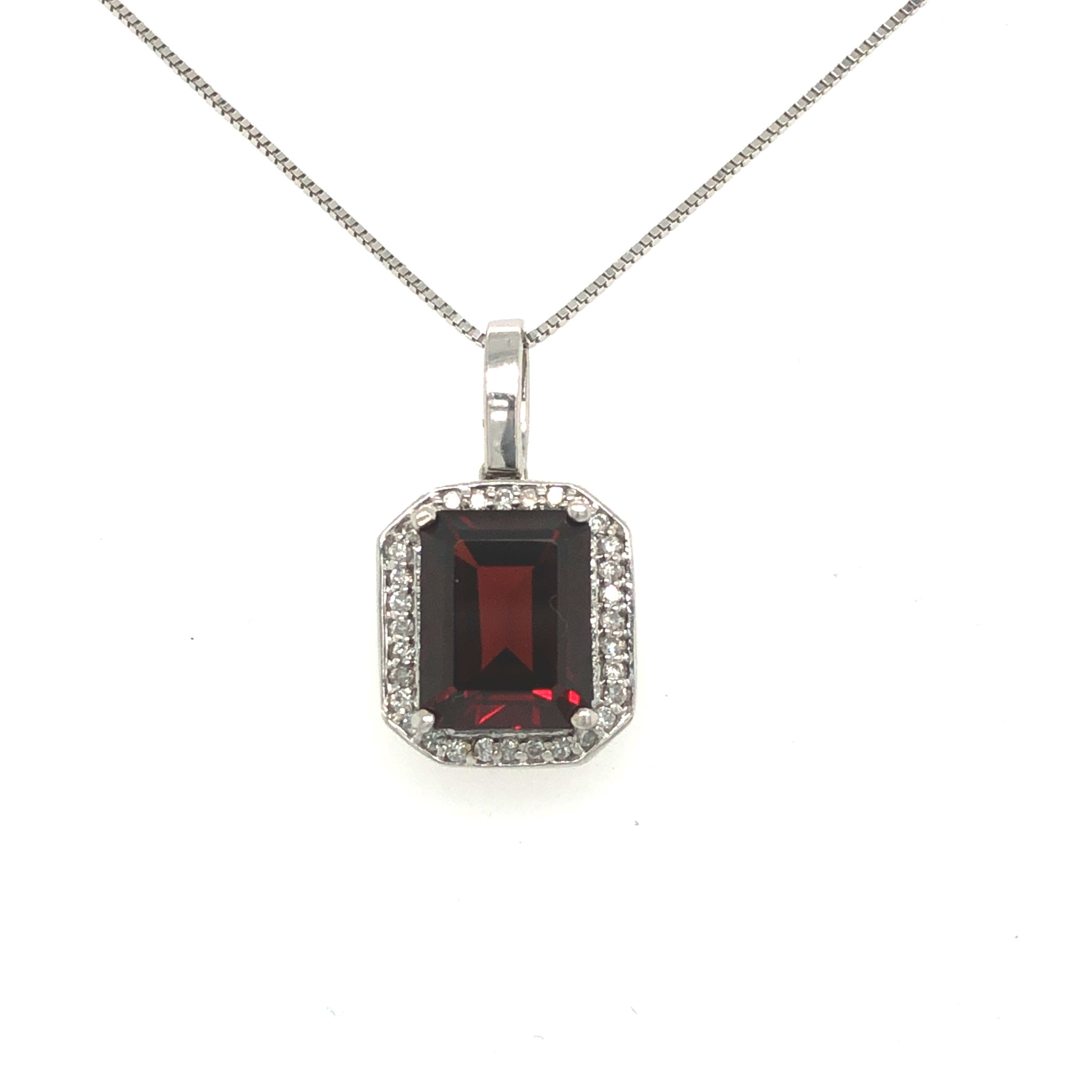 70050 14K WHITE GOLD .17TCW DIAMOND HALO EMERALD CUT GARNET PENDANT SET