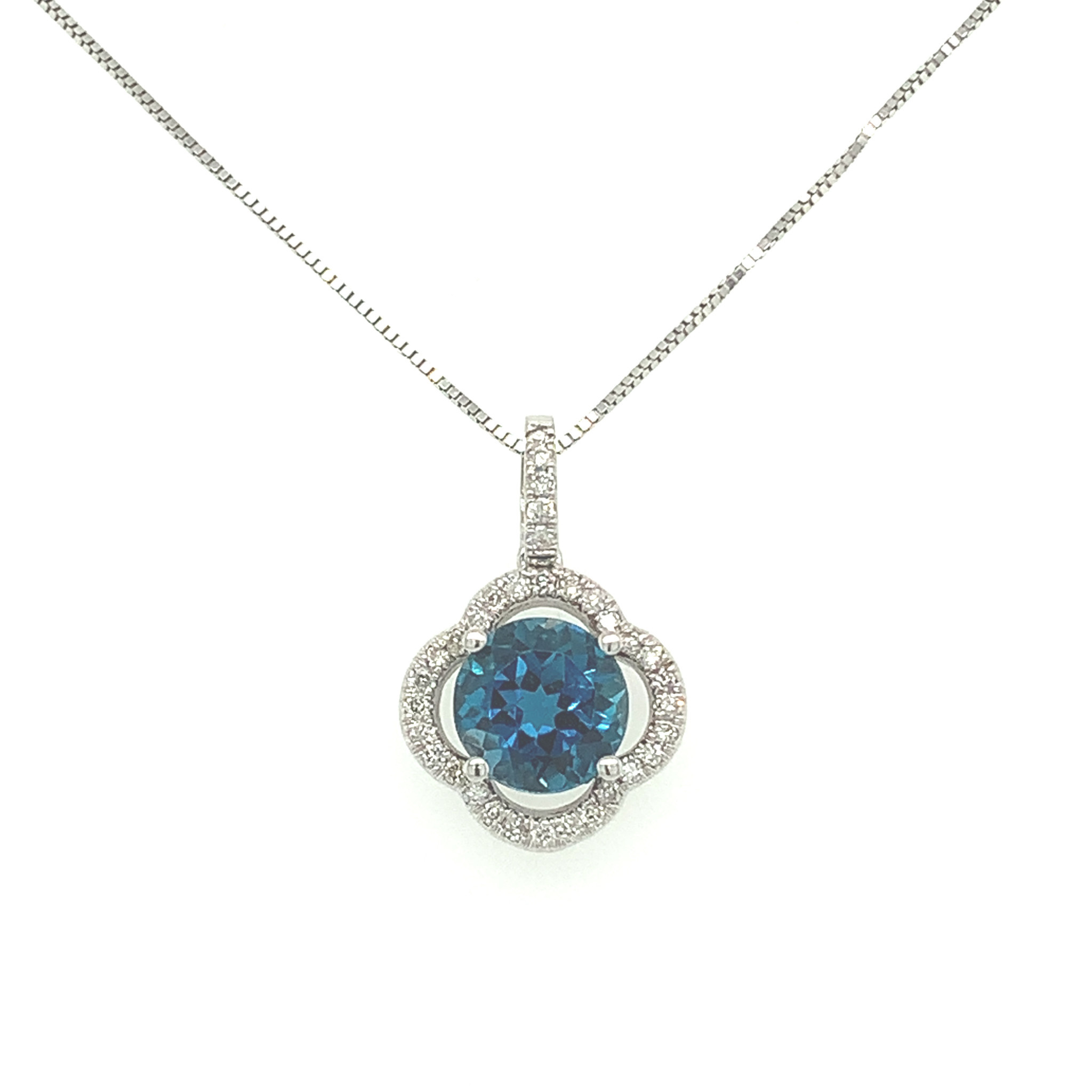 72801 14K WHITE GOLD CLOVER SHAPE .25TCW DIAMOND HALO AND ROUND LONDON BLUE TOPAZ PENDANT SET