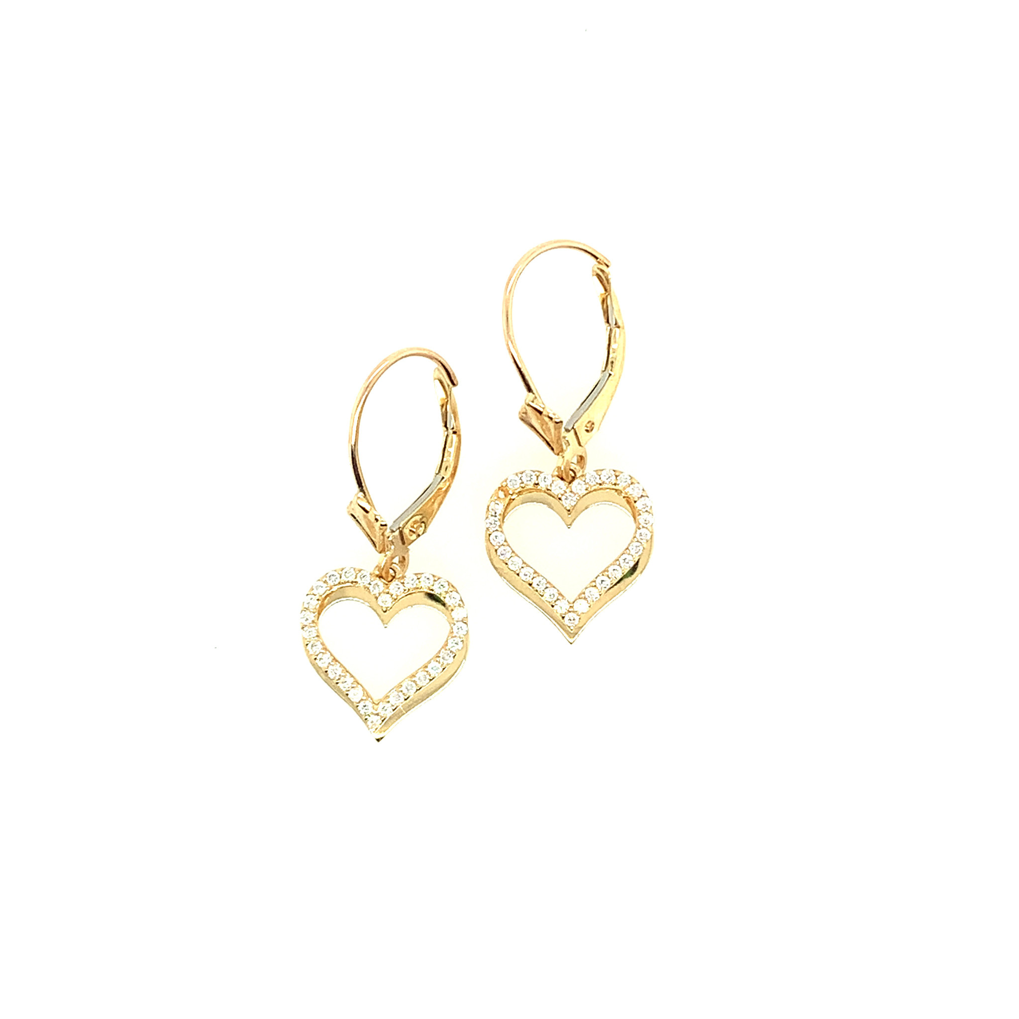 31140 14K YELLOW GOLD DOUBLE PLATED OPEN HEART CUBIC ZIRCONIA HANGING LEVER BACK EARRINGS