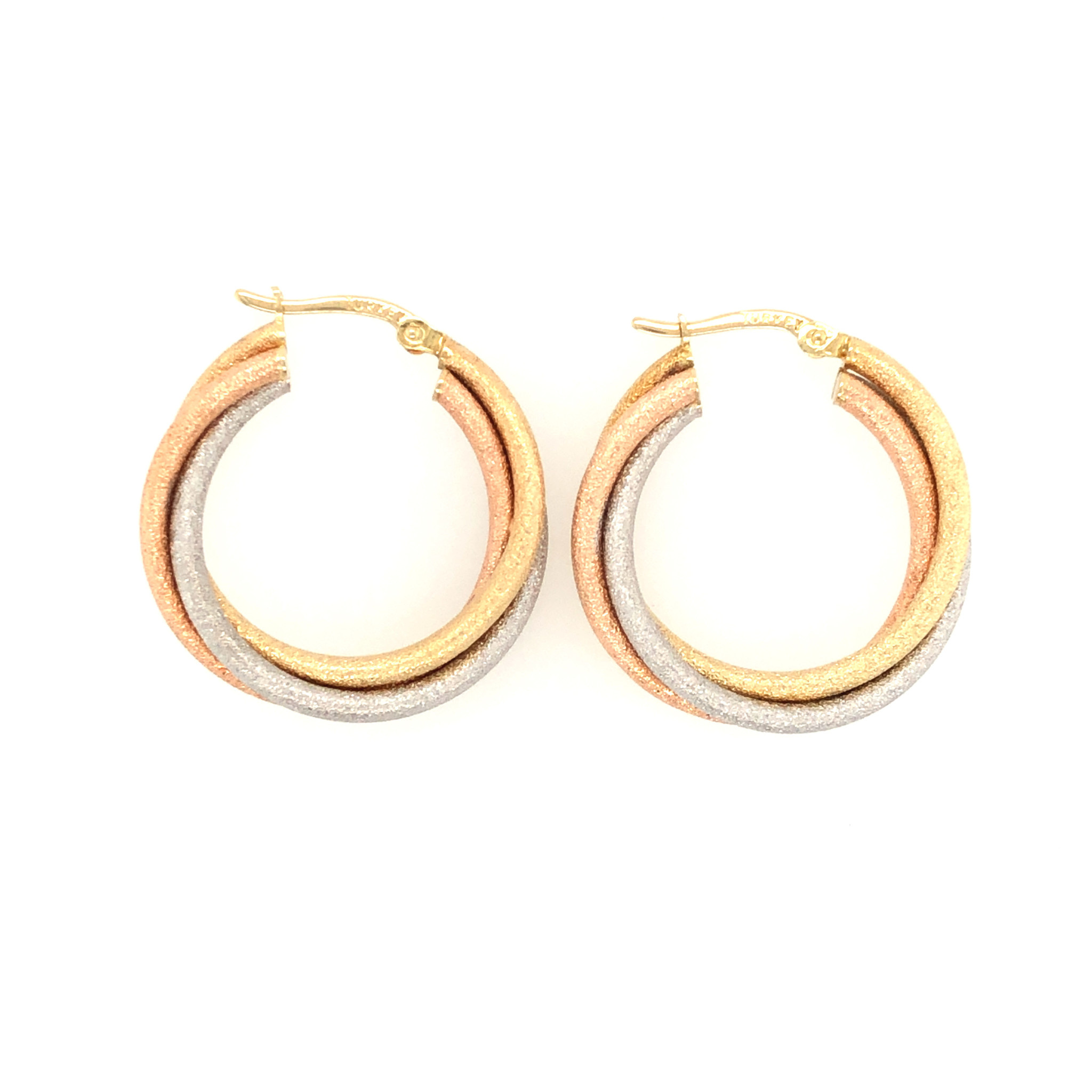 30412 14K TRI COLOR SAND FINISH TRIPLE TWIST DESIGN HOOPS