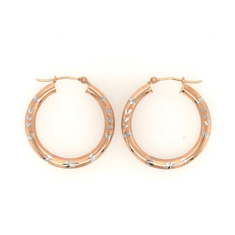 32430 14K TWO TONE ROSE AND WHITE GOLD DIAMOND CUT 1'' HOOPS