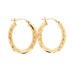 32090 14K YELLOW GOLD 3.75MM 1" DIAMOND CUT X DESIGN LASER FINISH OVAL HOOPS