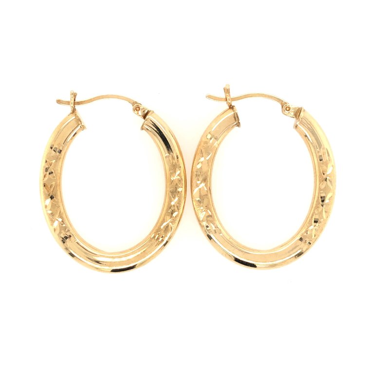 32090 14K YELLOW GOLD 1" DIAMOND CUT X DESIGN LASER FINISH OVAL HOOPS