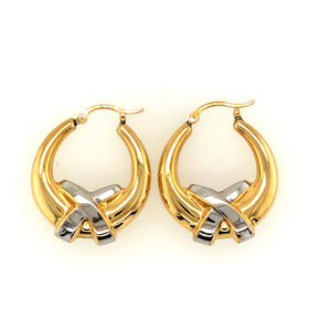 32382 14K TWO TONE OVAL X DESIGN HOOPS
