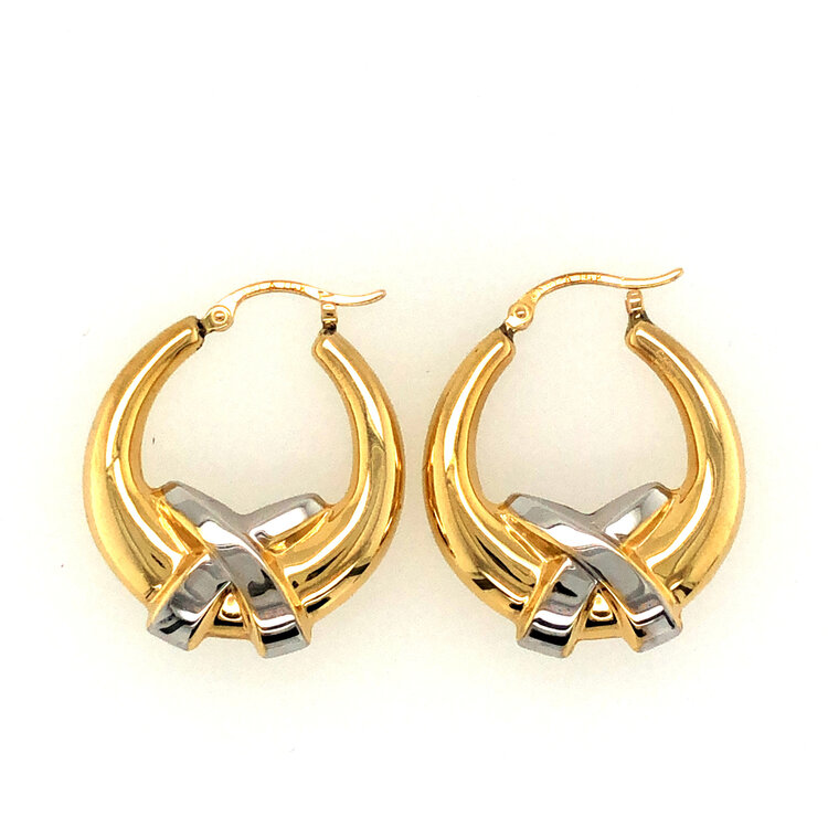 32382 14K TWO TONE OVAL X DESIGN HOOPS