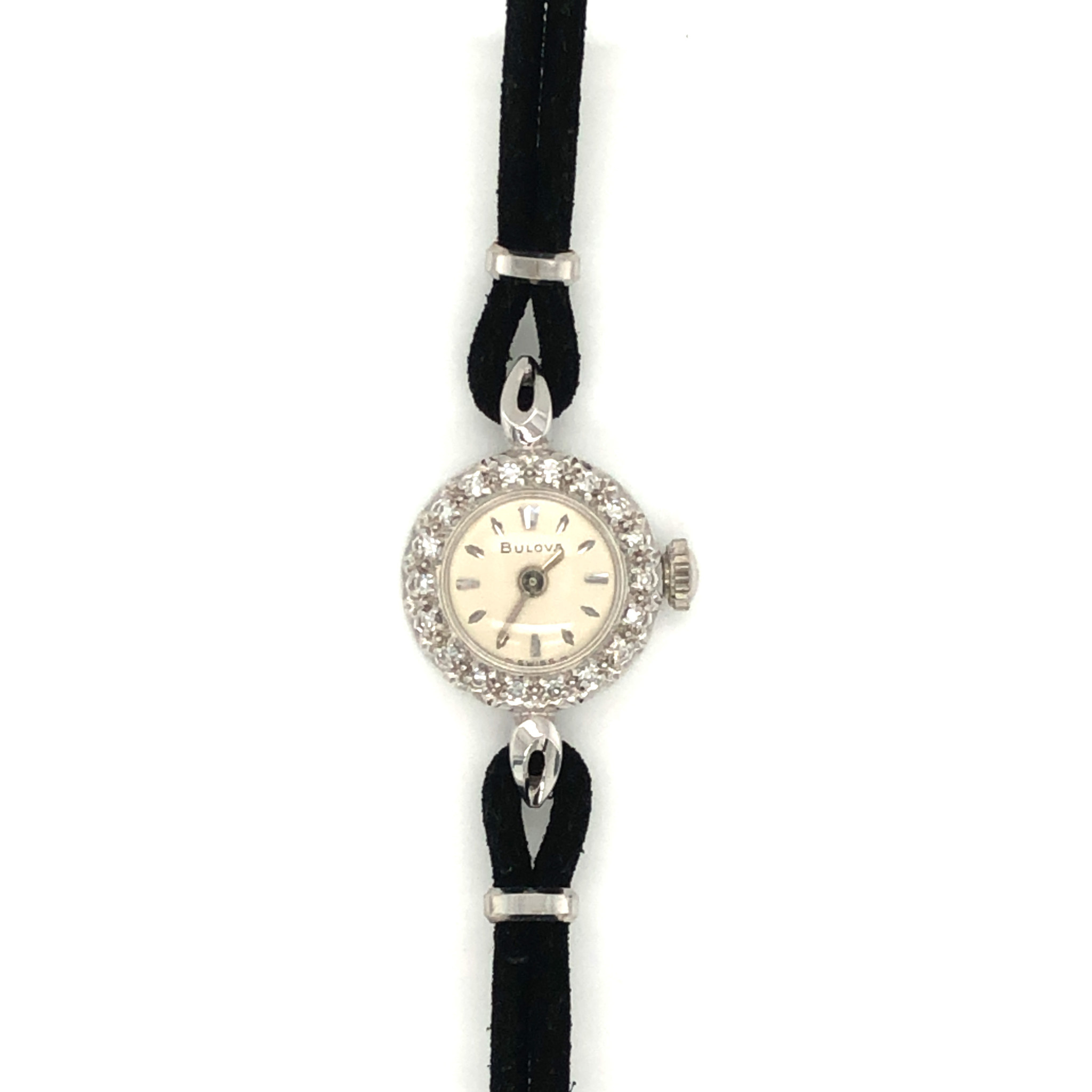10090 14K WHITE GOLD DIAMOND PAVE ROUND VINTAGE BULOVA WATCH