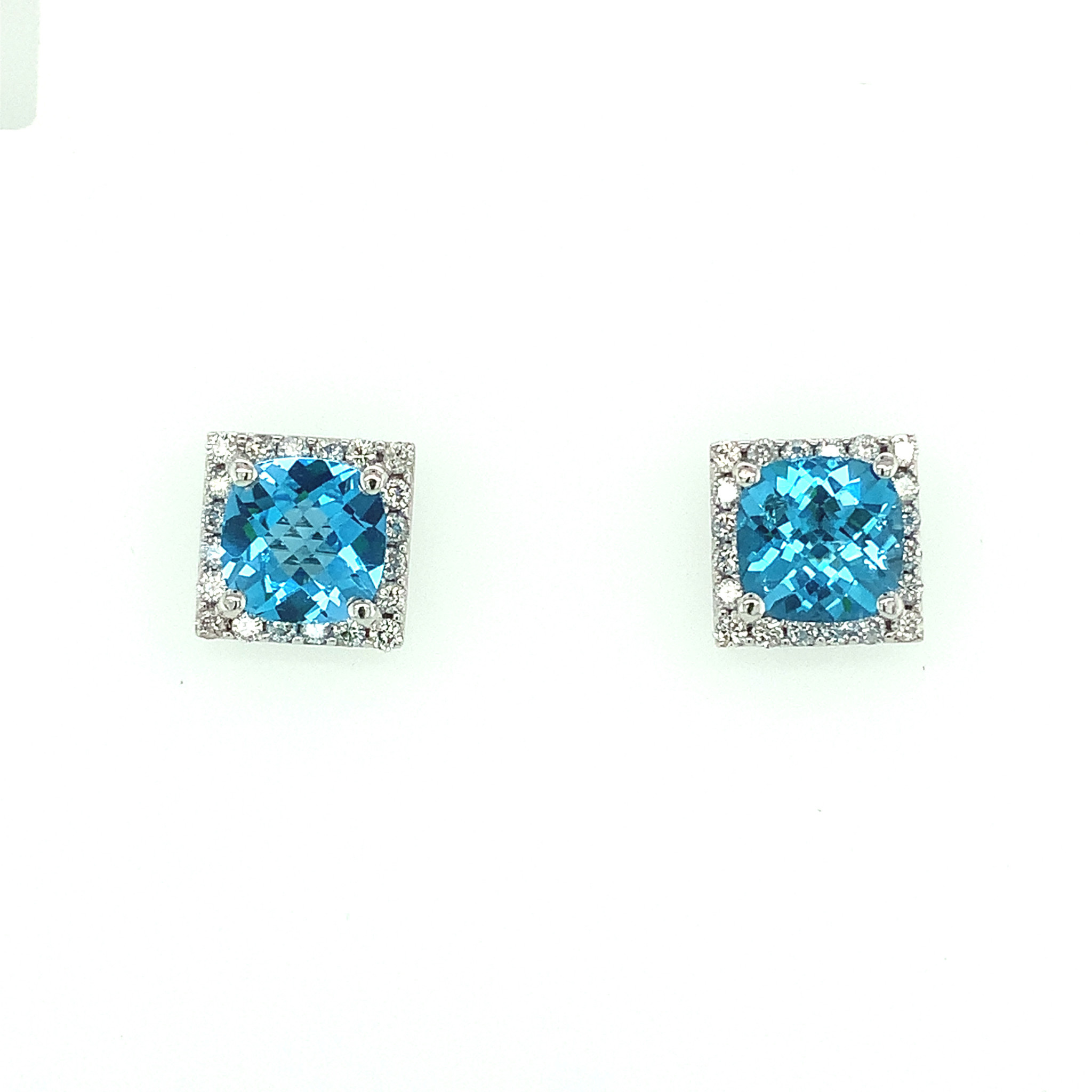 31678 14K WHITE GOLD .60TCW DIAMOND HALO AND BLUE TOPAC CHECKERBOARD CUT CENTER STUDS