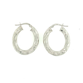 30182 14K WHITE GOLD 4MM 0.75" DIAMOND CUT TWIST DESIGN OVAL HOOPS
