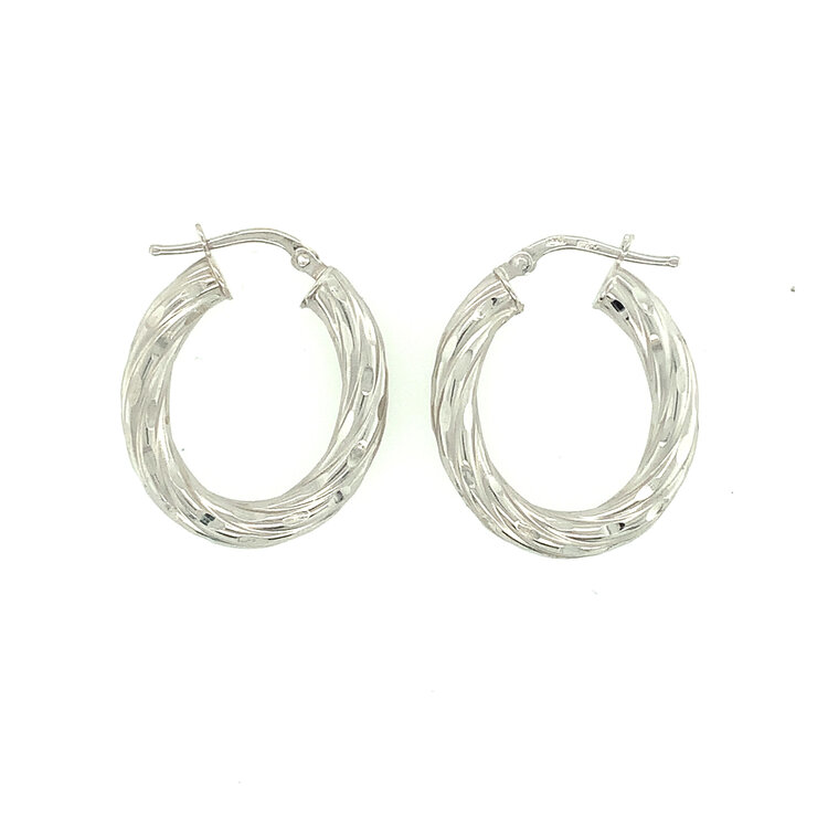 30182 14K WHITE GOLD DIAMOND CUT TWIST DESIGN OVAL HOOPS