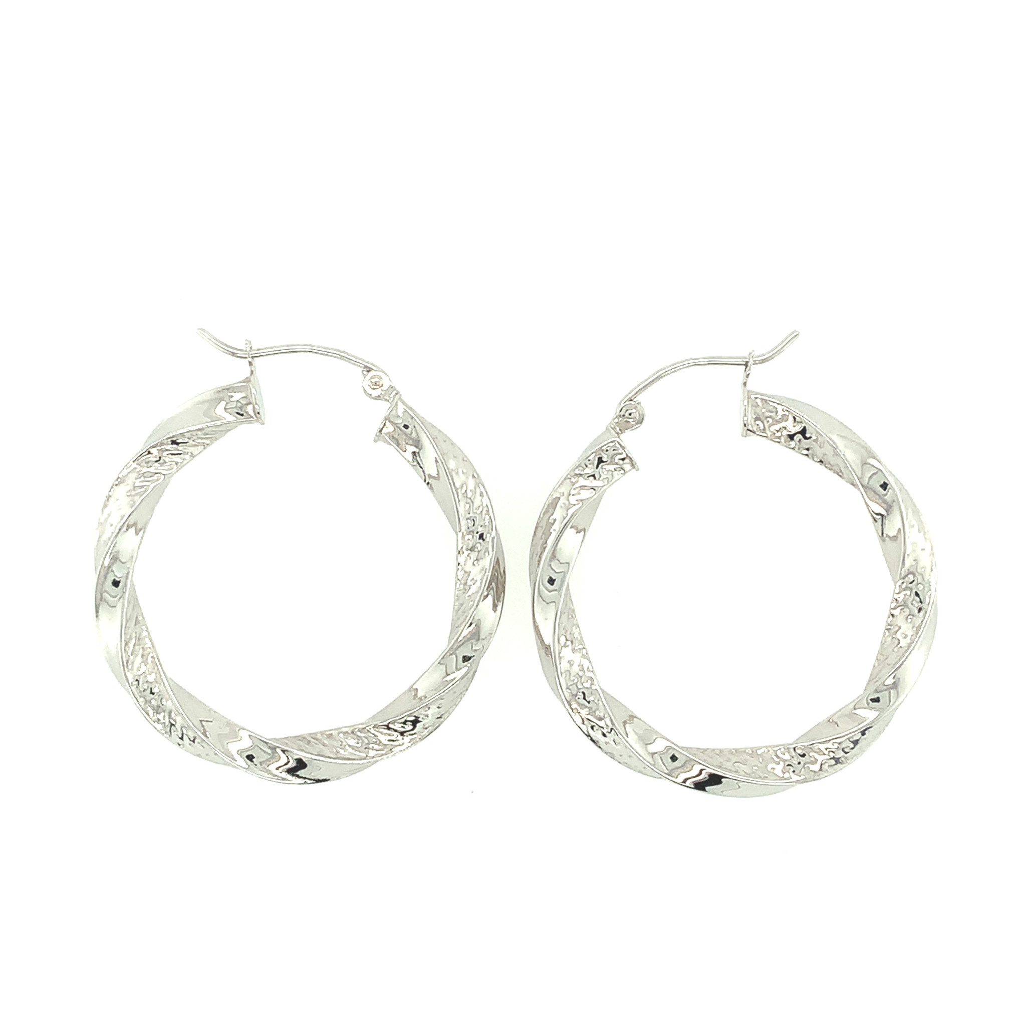 32003 14K WHITE GOLD TWISTED HOOPS WITH DOTTED TEXTURE