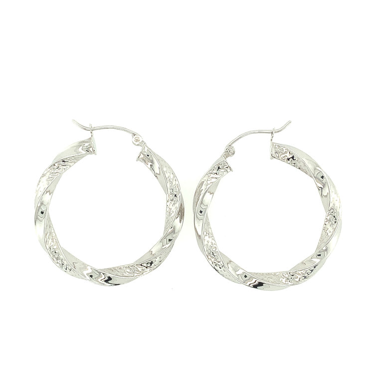 32003 14K WHITE GOLD TWISTED  HOOPS WITH DOTTED TEXTURE
