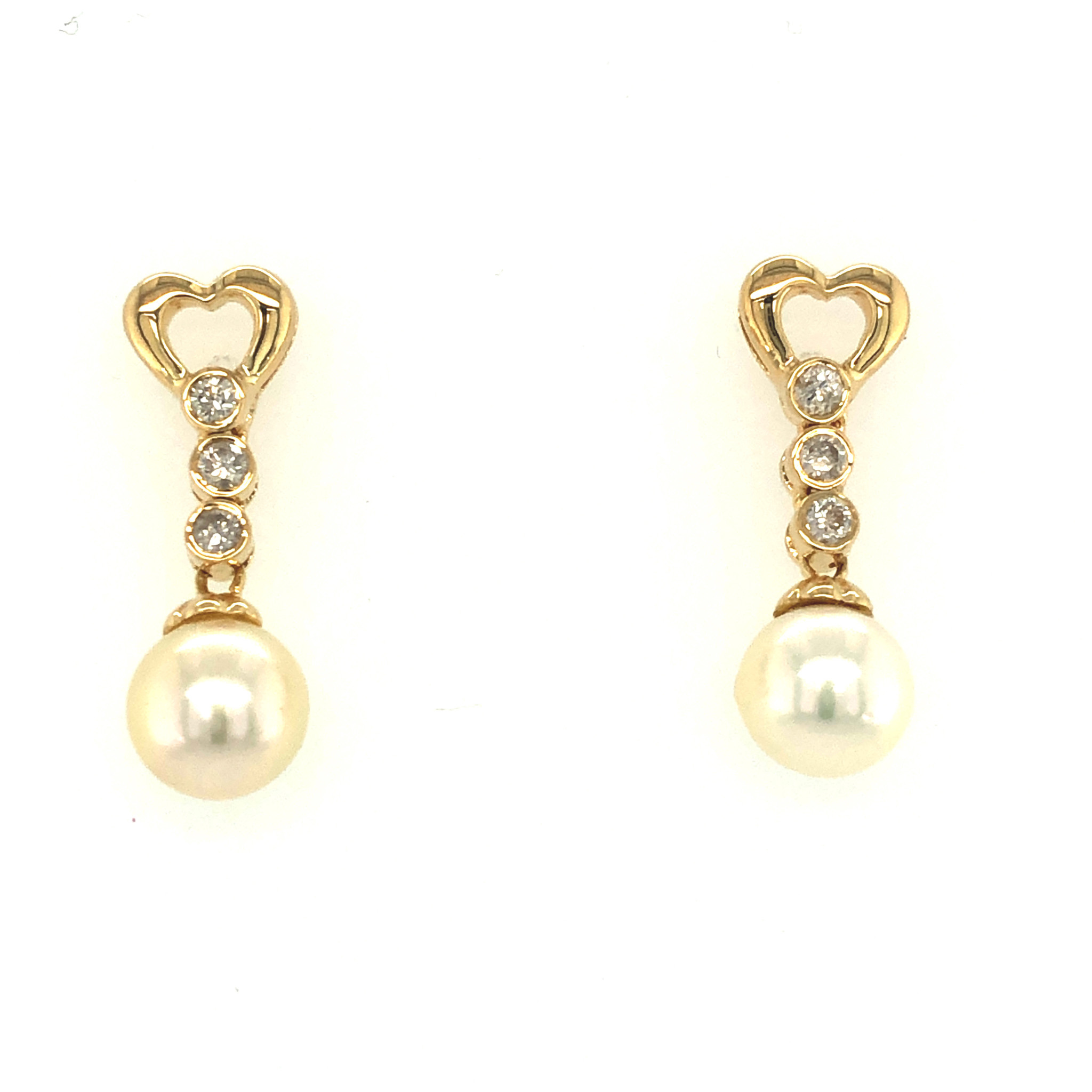 32378 14K YELLOW GOLD OPEN HEART 3 BEZEL SET .15TCW DIAMOND HANGING PEARL STUDS