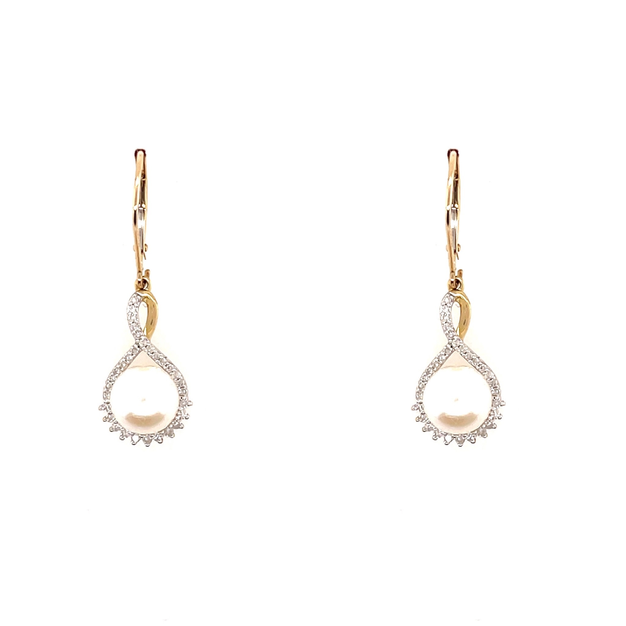 30201 10K YELLOW GOLD HANGING PEARLS WITH INFINITY DESIGN HALO LEVERBACK EARRINGS