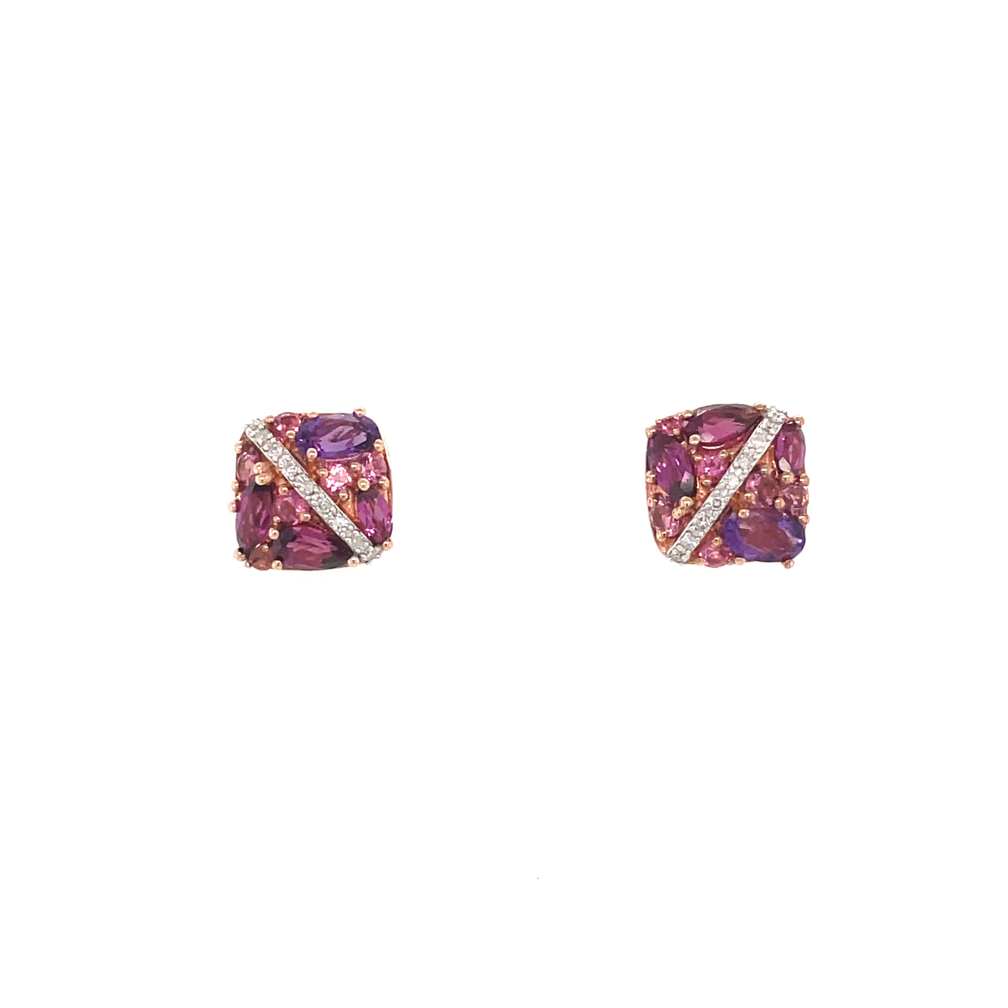 30193 10K .07TCW DIAMOND AMETHYST RHODOLITE GARNET AND PINK TOPAZ CLUSTER CUSHION SHAPE STUDS