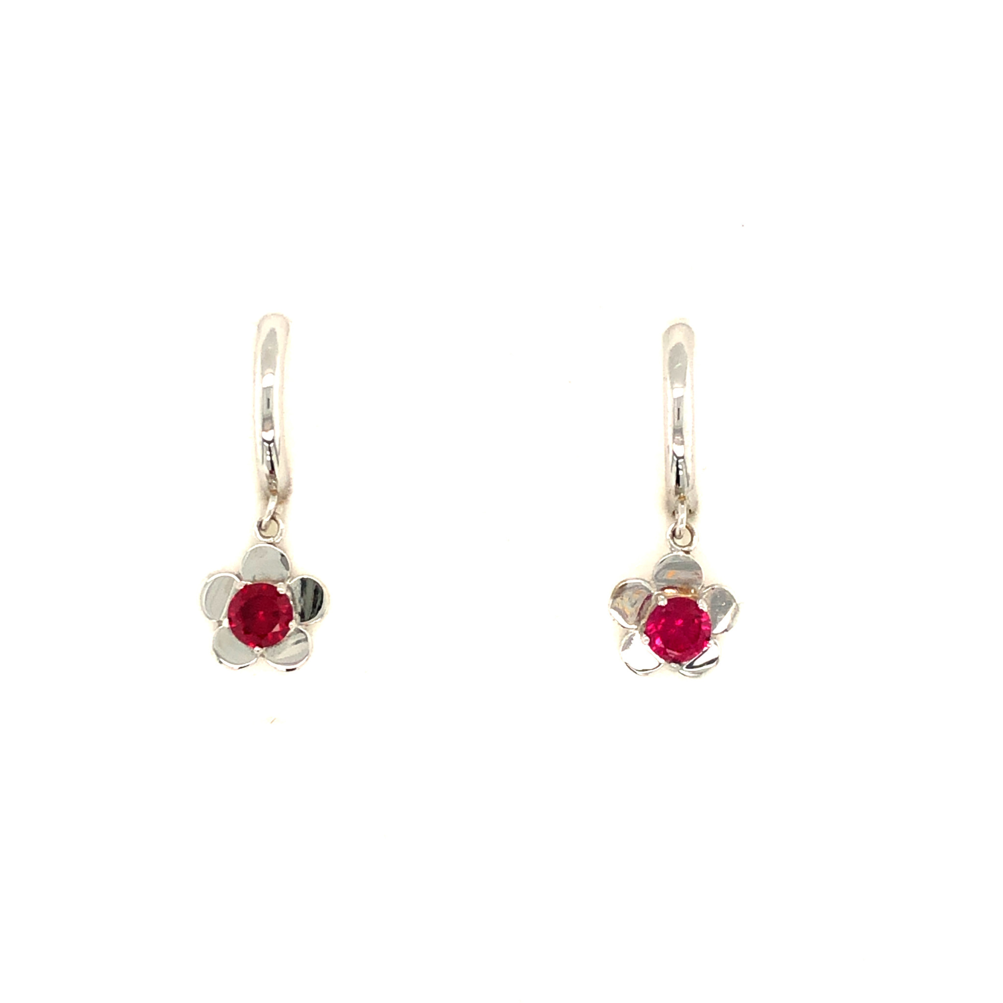 30615 14K WHITE GOLD DANGLY FLOWER HUGGIES WITH RUBIES