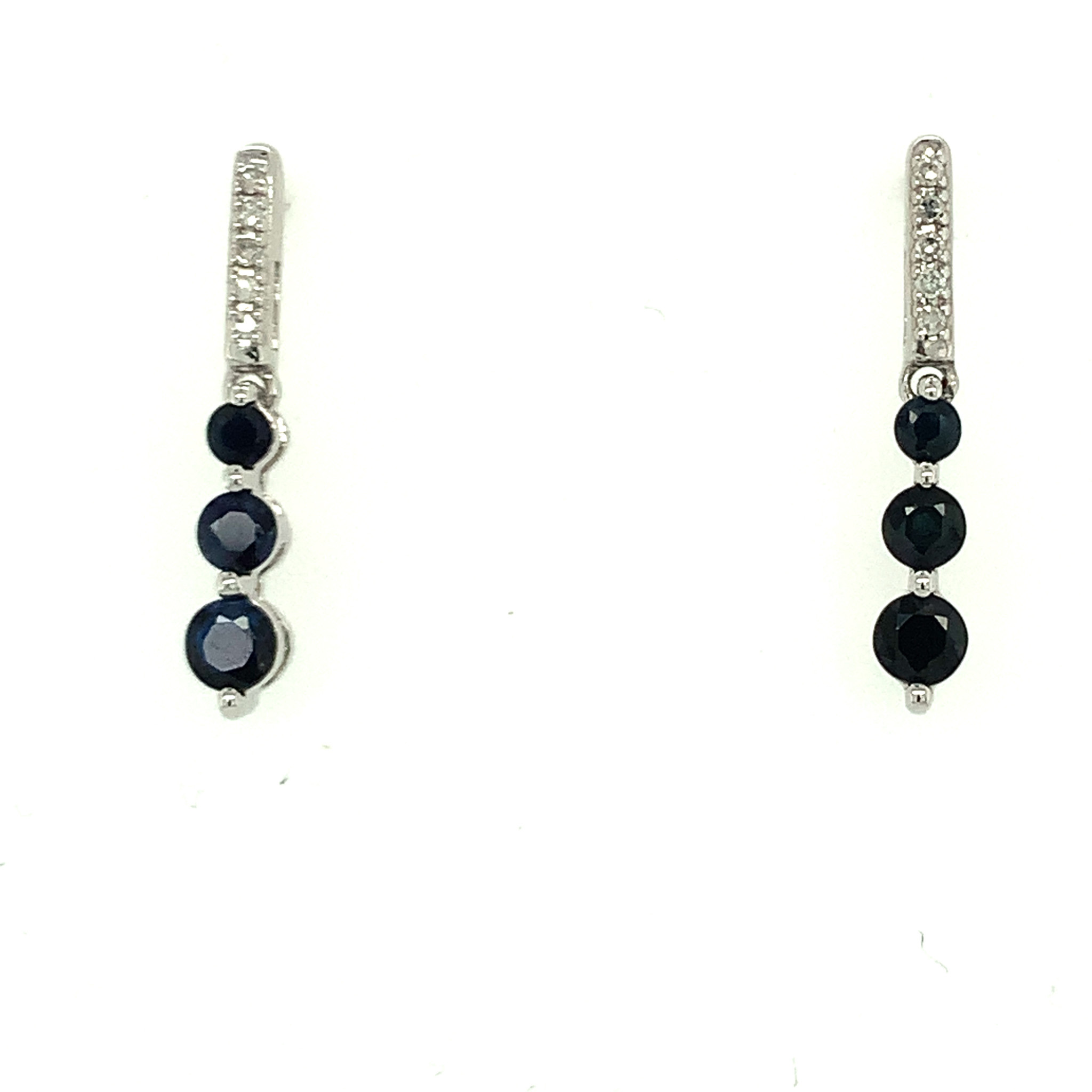 30142 WHITE GOLD THREE SAPPHIRE HANGING POST EARRINGS WITH DIAMOND ACCENTS