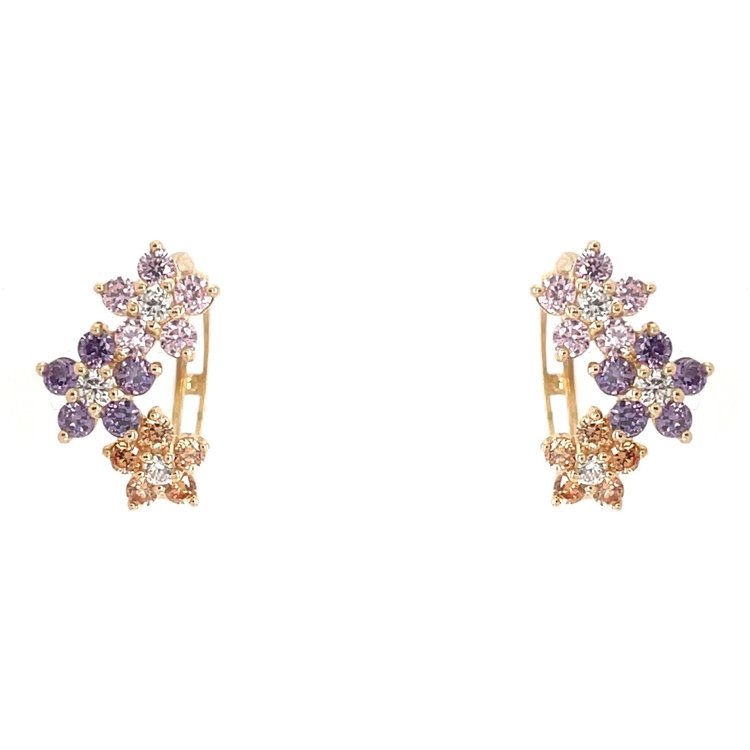 30137 14K YELLOW GOLD 3 FLOWER CUBIC ZIRCONIA  HUGGIES 12MM