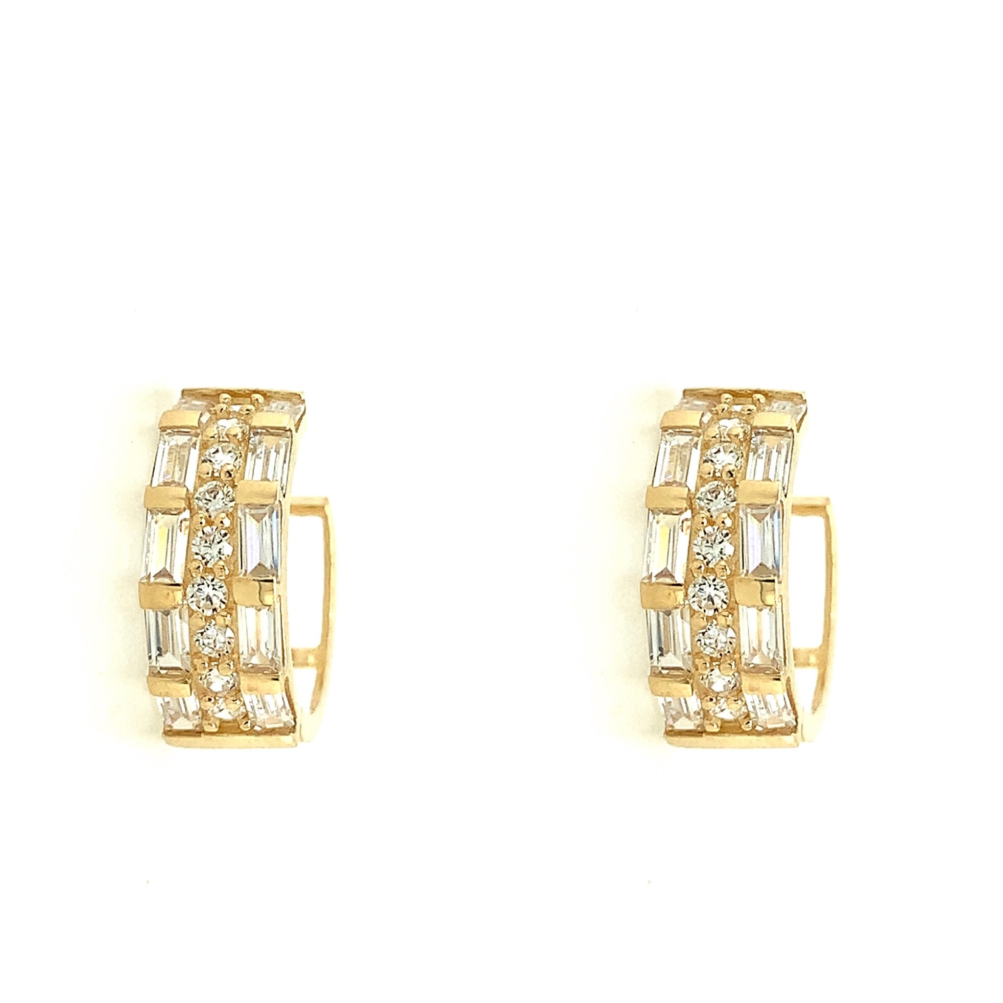 30272 14K YELLOW GOLD 3 ROW BAGUETTE AND ROUND CUBIC ZIRCONIA HUGGIES 15MM
