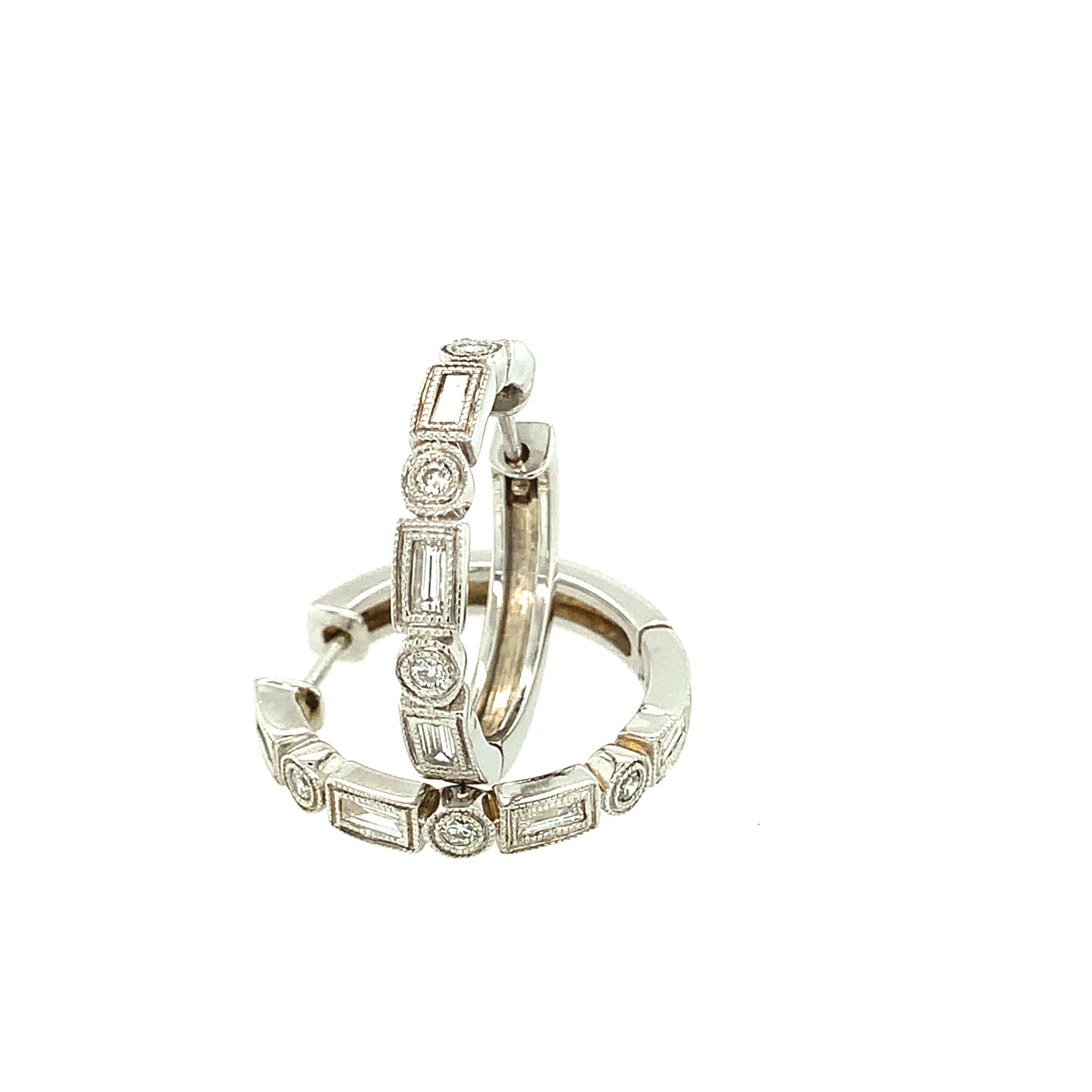 30797 14K WHITE GOLD ROUND AND BAGUETTE DIAMOND BEZEL SET MILGRAIN EDGE HOOPS