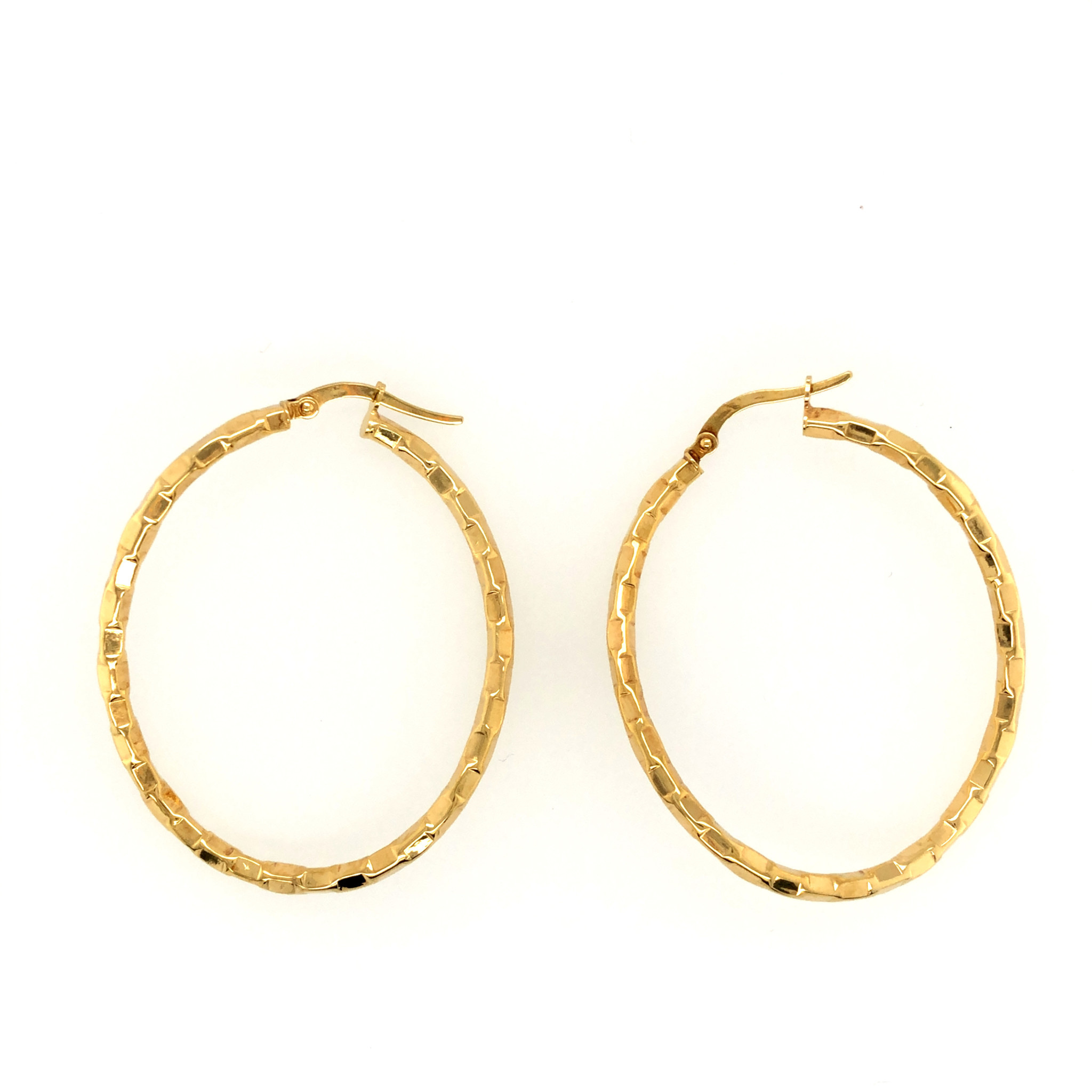 30799 14K YELLOW GOLD 1.5" DIAMOND CUT FACETED CURVED OVAL SHAPE HOOPS