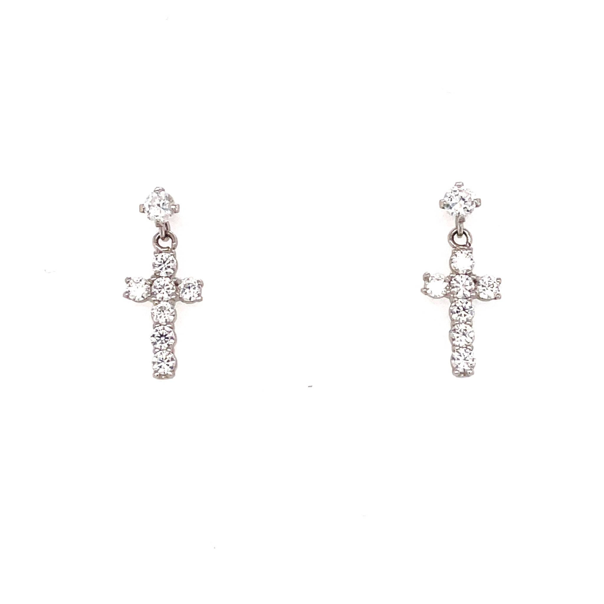 30902 14K WHITE GOLD CUBIC ZIRCONIA DANGLING CROSS EARRINGS