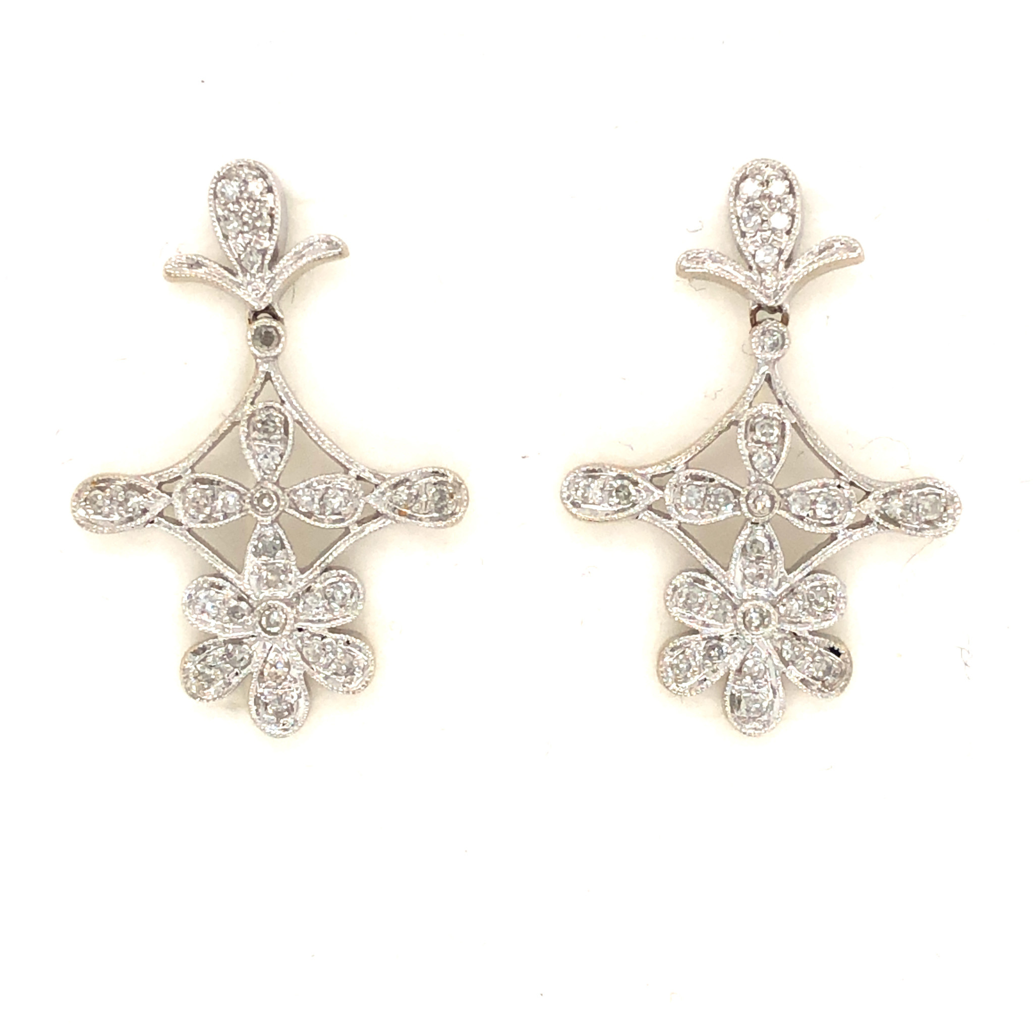 32303 14K WHITE GOLD DIAMOND FLORAL DESIGN MILGRAIN HANGING EARRINGS