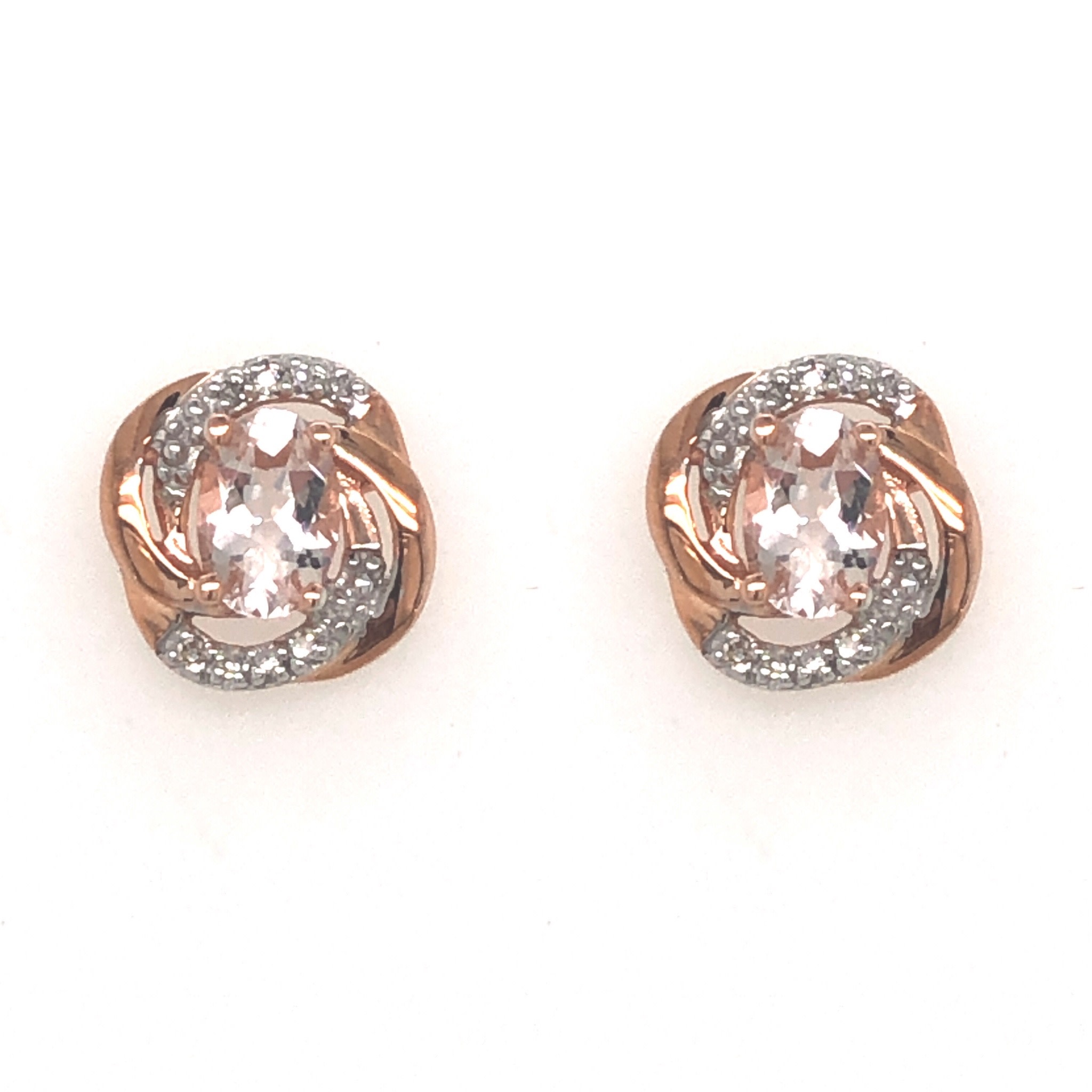 30204 10K ROSE GOLD .10 CTW DIAMOND SWIRL HALO WITH OVAL MORGANITE STUDS